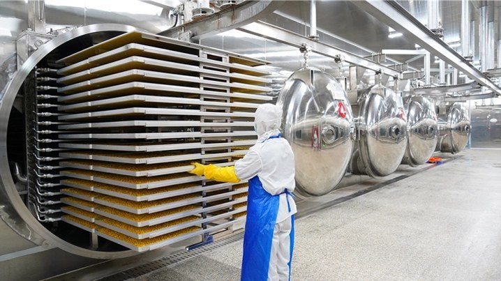 Operator loading freeze-drying trays with raw pet food - LiangChong China