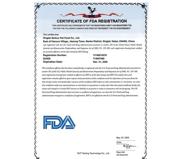 FDA Registration Certificate - LiangChong pet food manufacturer China