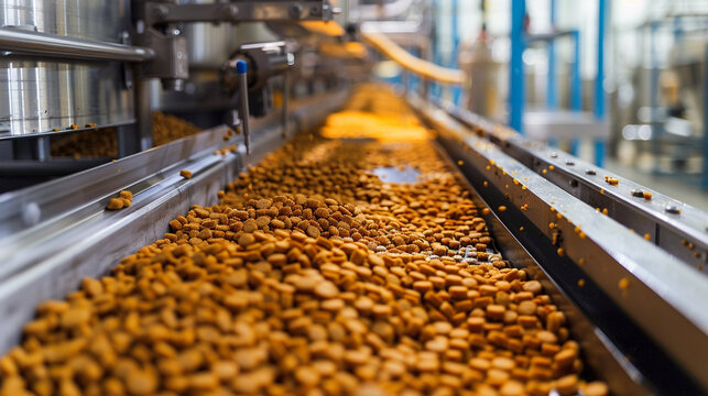 Extruded dry pet food on production conveyor - OEM manufacturer China