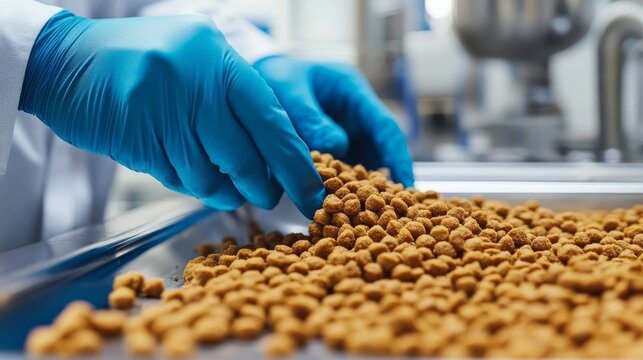Quality inspector checking pet food kibble in lab - HACCP certified factory China